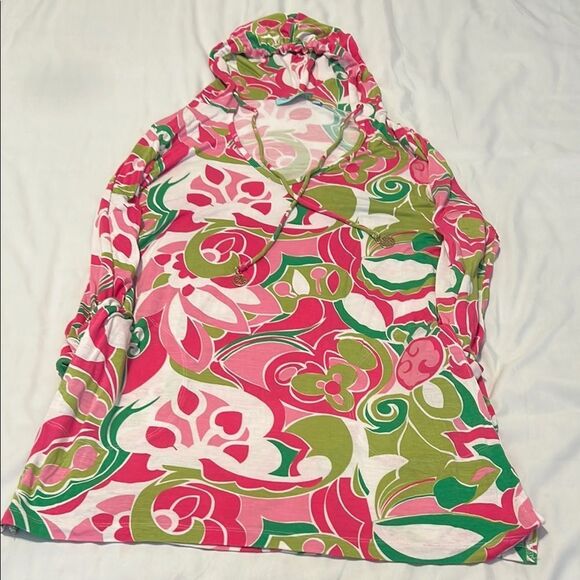 Beach Candie szS pink green white print drawstring hoodie with pockets EUC - Picture 3 of 14